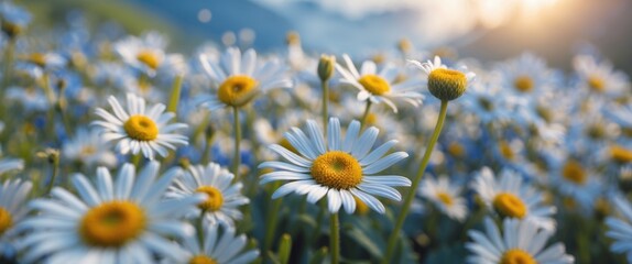 Fototapeta premium Vibrant Soft Focus Macro of Daisies in Bloom with Scenic Landscape and Space for Text Perfect for Nature and Travel Themes