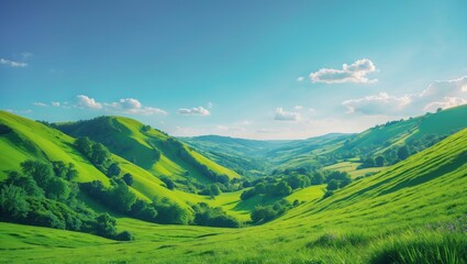 Obraz premium Lush Green Rolling Hills Under Clear Blue Sky Inviting Exploration and Adventure for Hikers and Nature Enthusiasts with Copy Space for Text