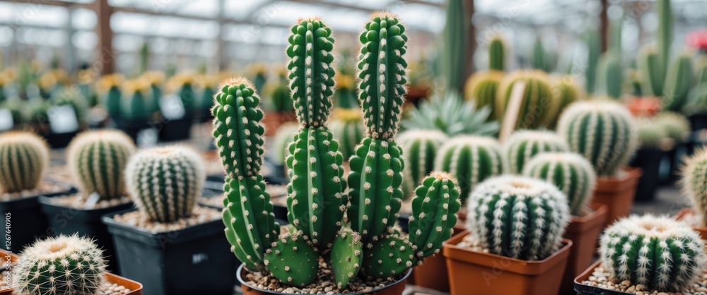 Poster vibrant green cactus surrounded by various succulents in nursery setting with space for textual cont