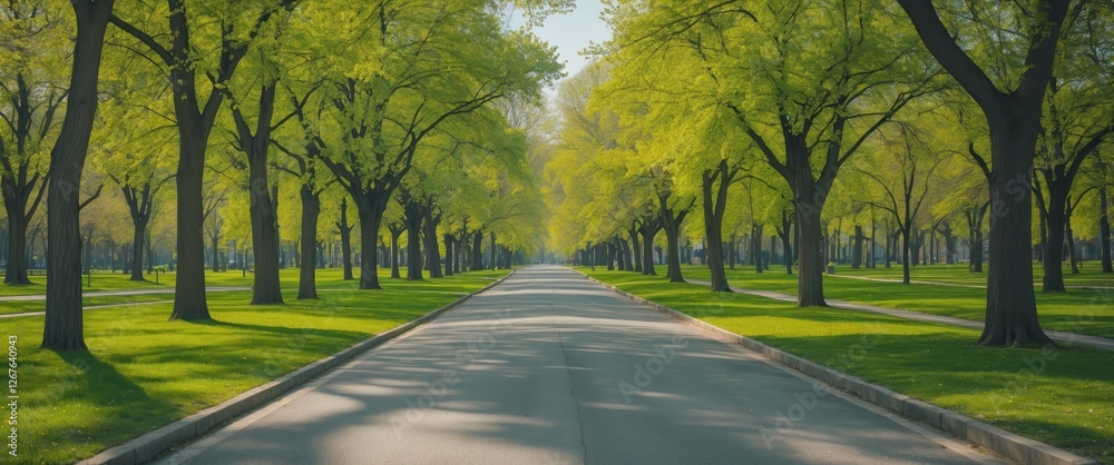 Poster springtime park pathway surrounded by lush green trees with clear sky ideal for nature walks and rel