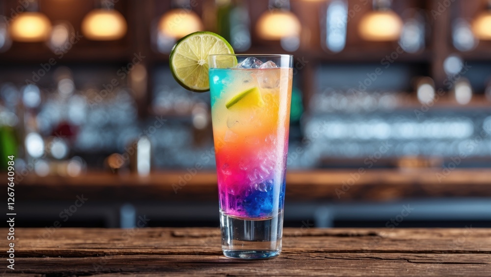 Aufkleber vibrant layered cocktail with vodka garnished with lime slice on rustic wooden bar counter