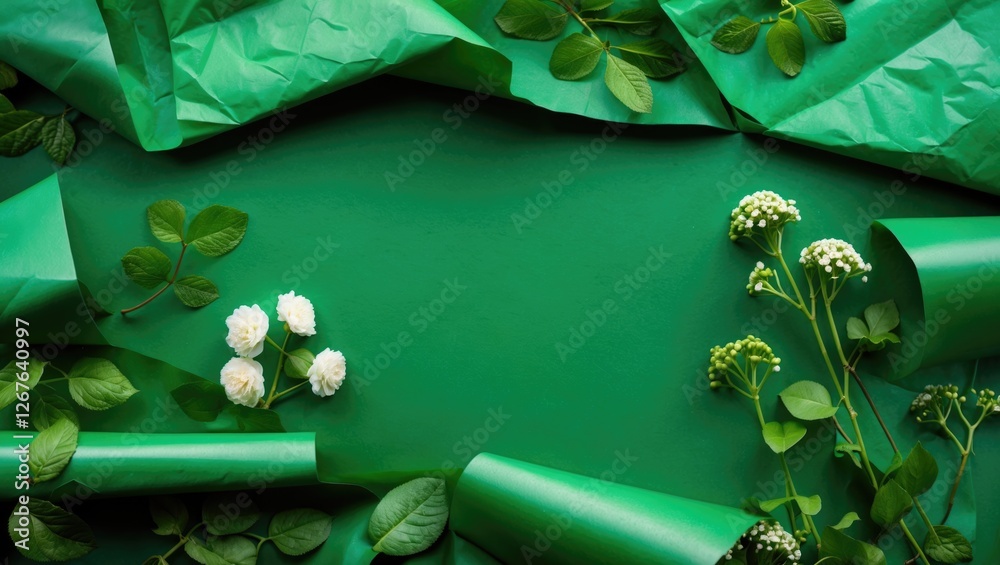 Poster vibrant green textured paper with floral accents creating a fresh, natural backdrop ideal for design