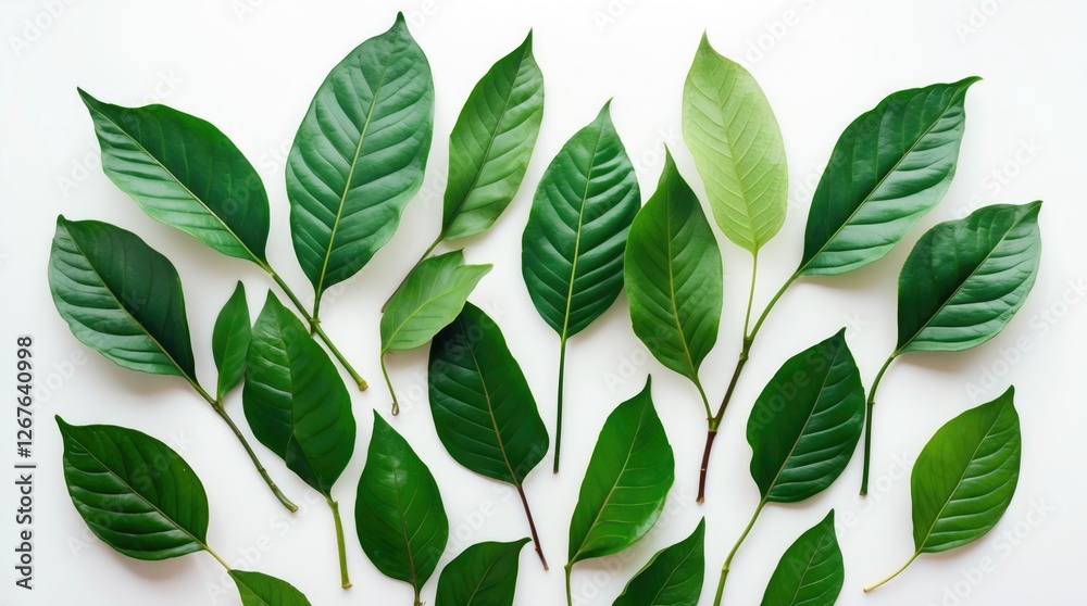 Poster variety of green leaves arranged on a white background showcasing diverse textures and shapes for na
