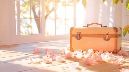 A pink suitcase is on the floor next to a pile of pink petals