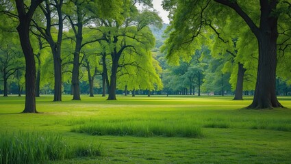 Fototapeta premium Lush Green Tree Forest in a Public Park Surrounded by Vibrant Meadow Grass Creating a Serene Nature Landscape with Space for Text