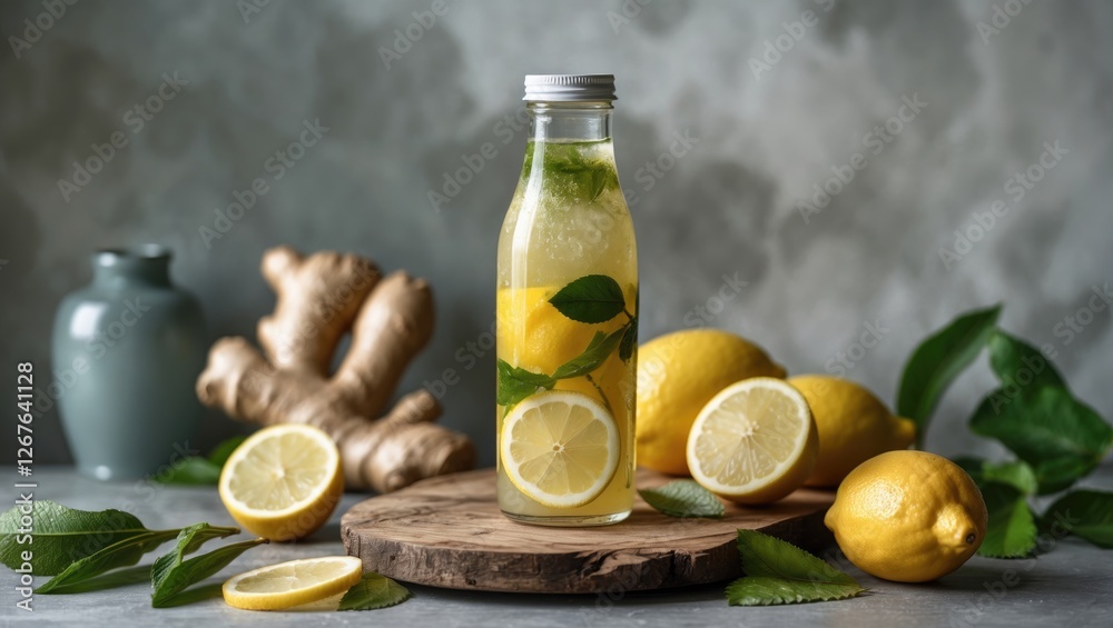 Aufkleber Refreshing Ginger Lemon Infused Drink in a Bottle Surrounded by Fresh Ingredients and Empty Space for Custom Text
