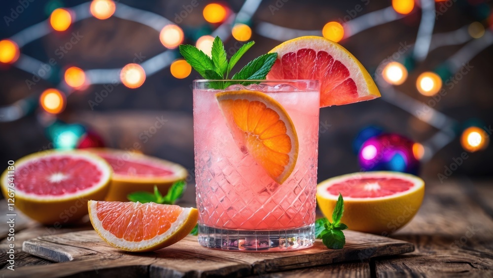 Aufkleber Refreshing Grapefruit Cocktail Served With Slices And Mint Garnish Ideal For Parties With Colorful Bokeh Background