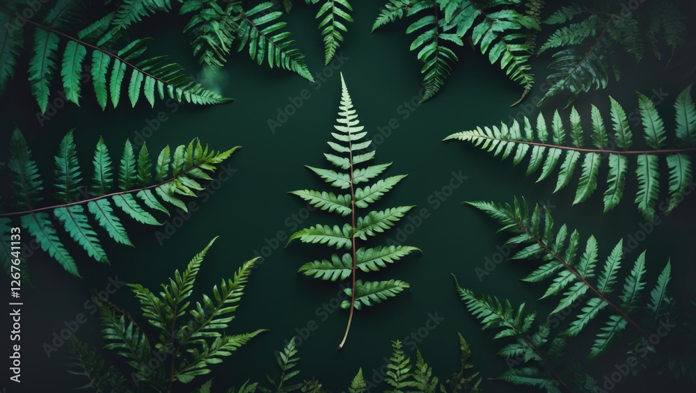 Poster lush green fern leaves over dark background with copy space for text composition ideal for natural t