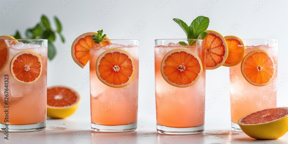 Poster Freshly Prepared Grapefruit Lemonade in Glasses with Citrus Garnish and Ice on Bright Surface Perfect for Beverage Advertising
