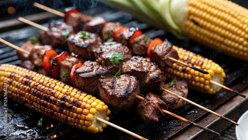 Poster Grilled Meat Skewers with Colorful Bell Peppers and Charred Corn on the Cob Over an Open Flame on a Summer Barbecue Grill