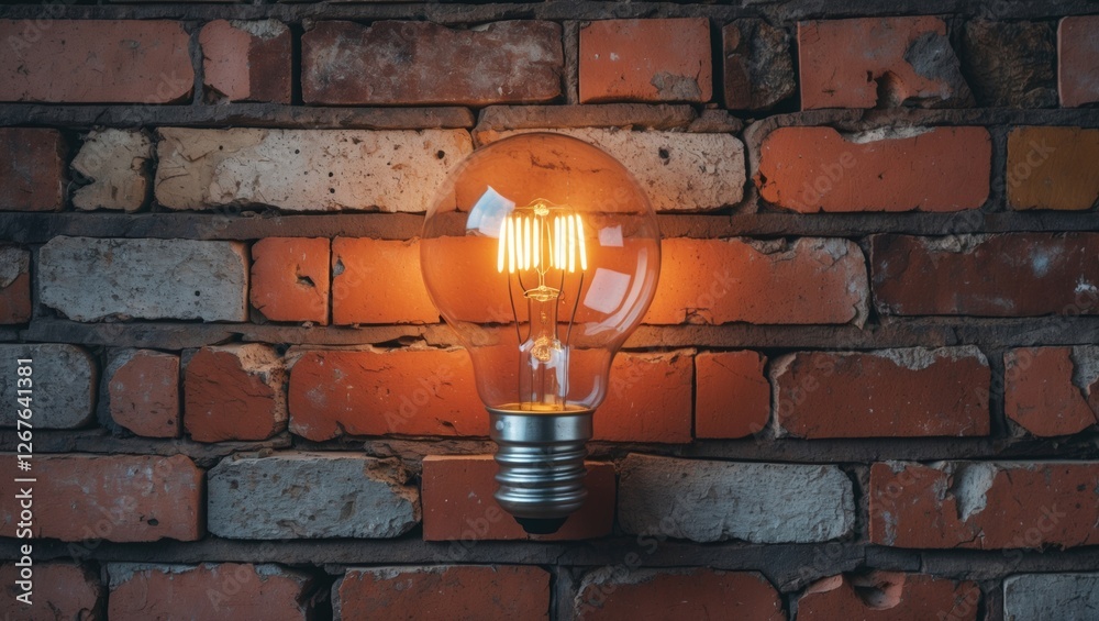 Aufkleber illuminated vintage light bulb mounted on a textured red brick wall creating a warm and inviting atm