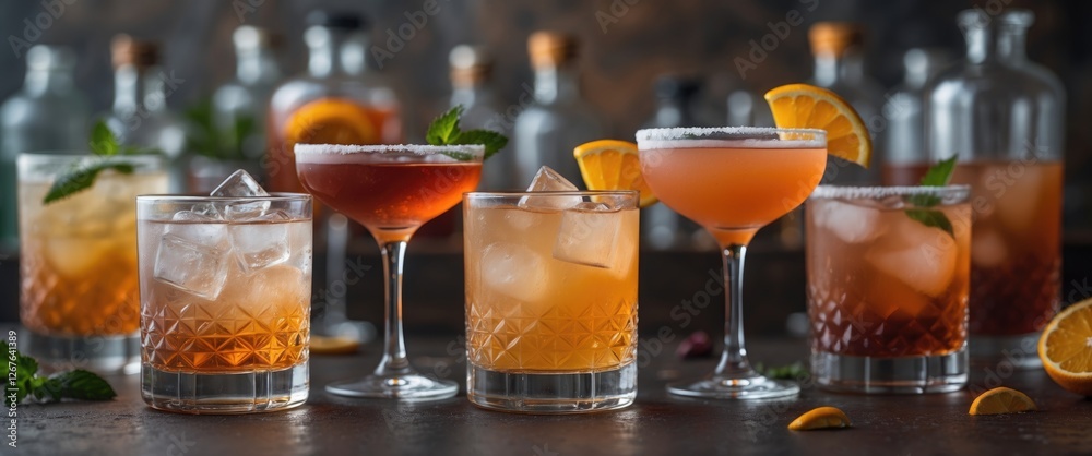 Aufkleber Assorted Cocktails Decorated With Fresh Fruits And Botanicals On A Rustic Bar Counter With Bottles In The Background
