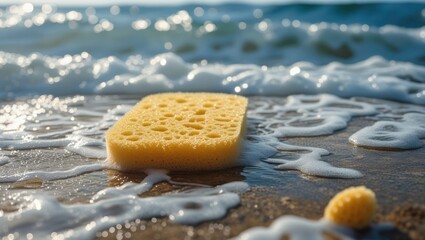 Serene beach scene featuring a yellow sponge on wet sand with waves, perfect for website backgrounds and creative projects.