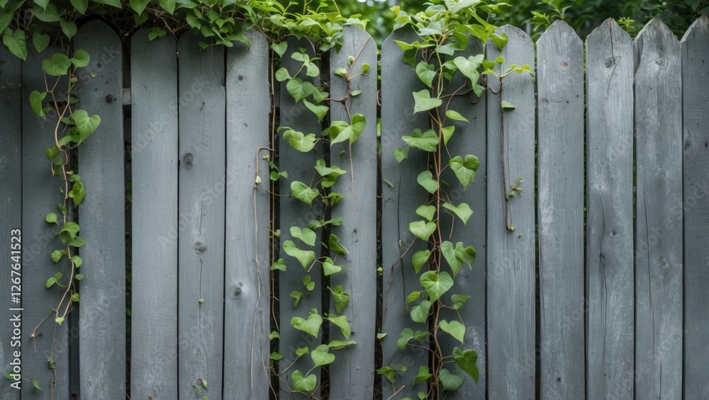 Aufkleber green climbing vines against a weathered gray wooden fence creating a tranquil and rustic atmosphere
