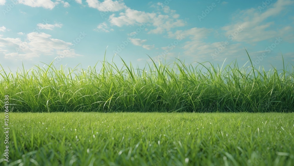 Aufkleber Vibrant Green Grass Field Under Blue Sky with Space for Text and Soft Cloud Cover in a Sunny Day Setting