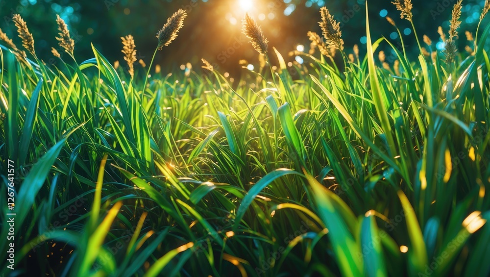 Aufkleber Lush Green Grass with Backlight and Sunburst Creating a Serene Atmosphere Perfect for Text Overlay