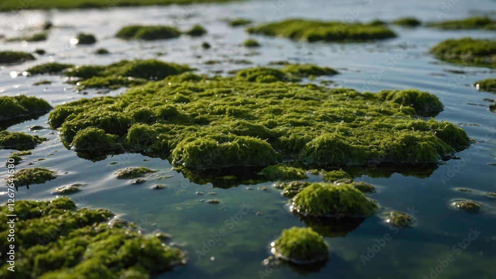 Poster Floating Green Algae on Water Surface with Natural Texture and Reflections in Calm Water Creating a Vibrant Ecosystem Background.
