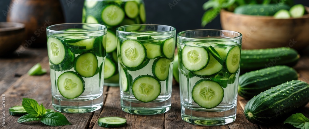 Aufkleber refreshing cucumber water in glasses with fresh slices on rustic wooden table surrounded by whole cu