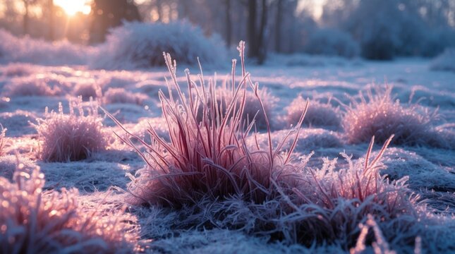 frozen grass and frosty ground at sunrise creating a serene winter landscape