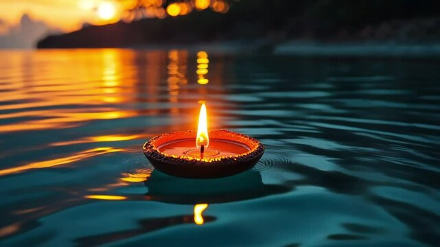 Diya oil lamp floating in water on sunset background. Burning diya lamp in water on beautiful background. Diwali, Makar Sankranti, Pongal.	
