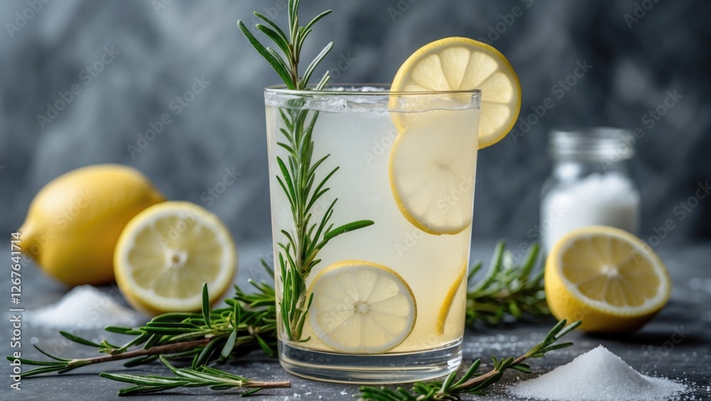 Aufkleber Refreshing Lemonade Garnished with Rosemary and Lemon Slices Surrounded by Fresh Ingredients on a Stylish Backdrop with Empty Text Space