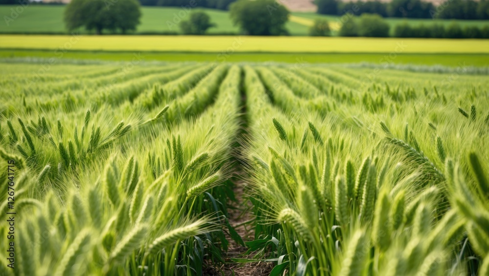 Poster lush green and yellow wheat field in june with vibrant rows under bright sky and gentle breeze