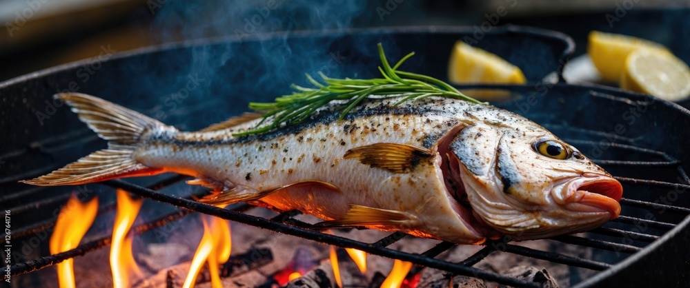 Aufkleber grilled whole fish with herbs being cooked over an open flame on a barbecue grill with fresh lemon s