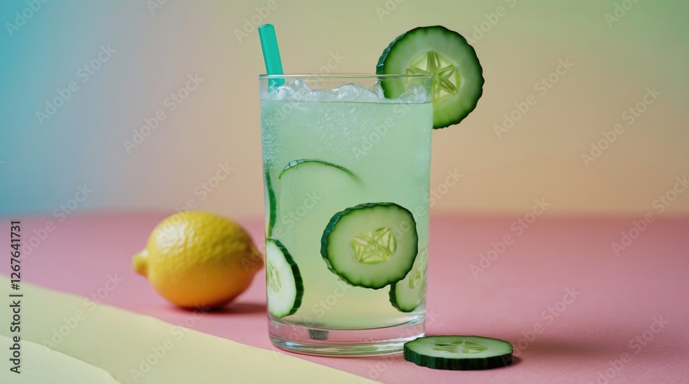 Poster refreshing cucumber lemonade with ice and slices on a vibrant background perfect for summer drink pr