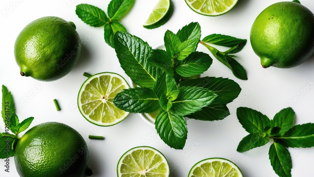 Poster fresh limes and mint leaves arranged on white background ideal for culinary and beverage themes with