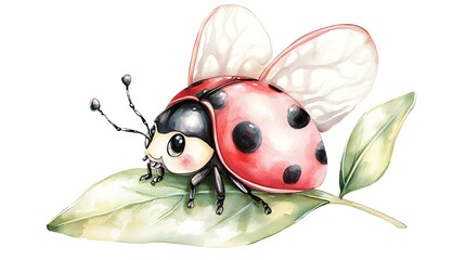 Obraz premium A chibi ladybug with spotted wings, crawling on a leaf, looking cute, isolated on a white background