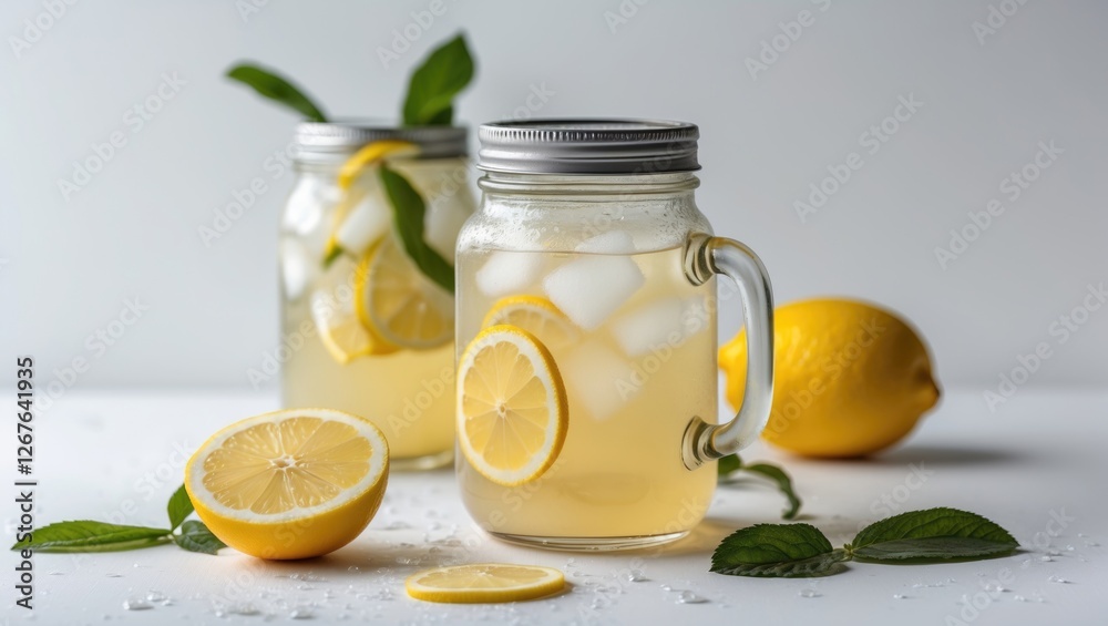 Poster refreshing lemonade in glass jars with ice and lemon slices surrounded by fresh lemons and mint leav