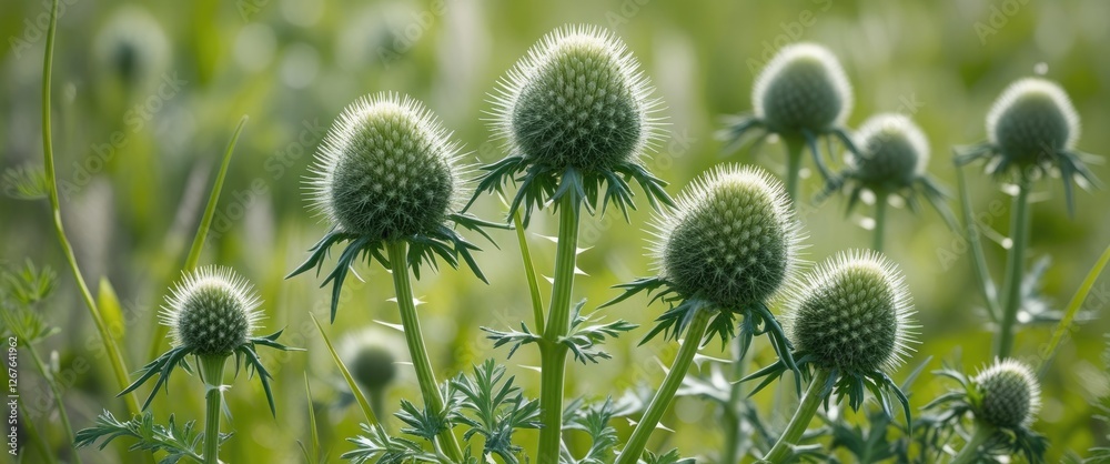 Wall mural delicate daucus carota and thistle pappus in summer landscape with lush green background and blank s