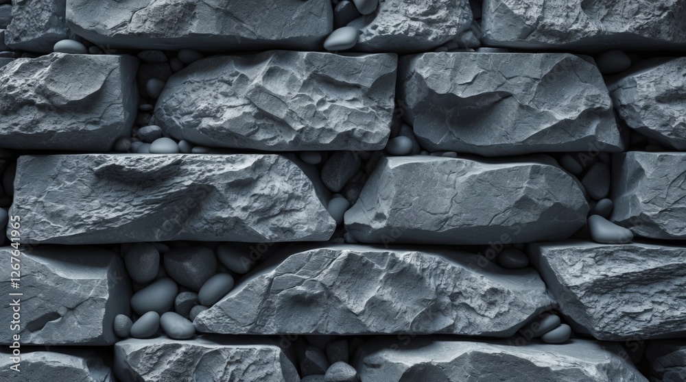 Poster Dark grey stone wall texture with pebbles artistic background for design and architectural projects.