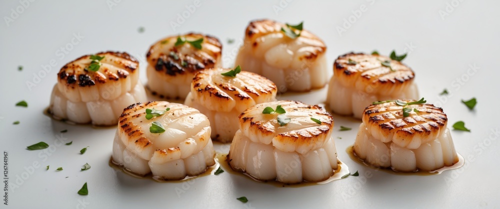 Poster Grilled Scallops Garnished with Fresh Herbs on White Background with Space for Culinary Text or Branding