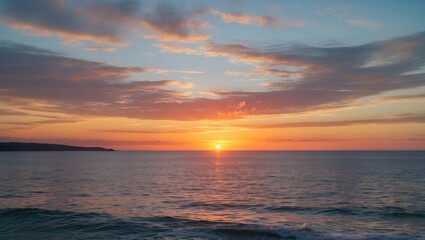 Tranquil Coastal Sunset Over Serene Ocean Waves with Vibrant Sky and Ample Space for Custom Text or Graphics