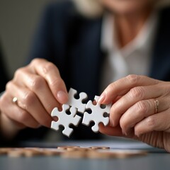 businesswoman fitting puzzle pieces together.
