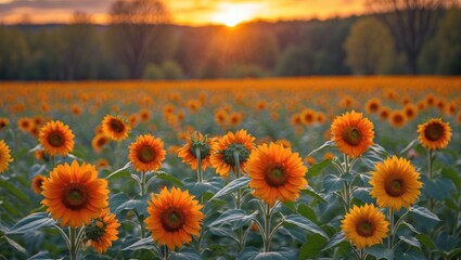 Obraz premium Vibrant sunflower field at sunset with orange blossoms and green foliage capturing the essence of summer and spring beauty.