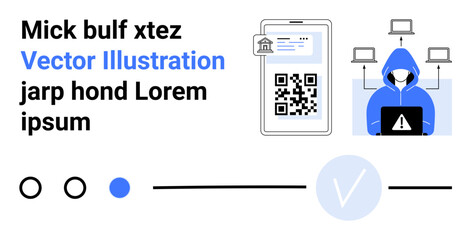 Anonymous hacker in blue hoodie using a laptop, QR code on smartphone, interconnected devices including laptops and circles. Ideal for security, technology, hacking, coding, digital fraud, cyber