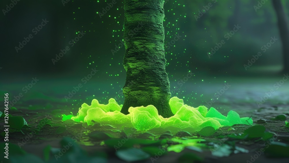 Fototapete Illuminated green glow around tree trunk with magical sparkles creating an enchanting and mystical forest atmosphere.