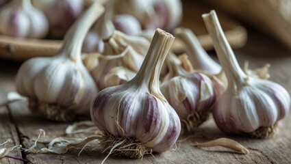 Bunches of dried garlic on rustic wooden surface showcasing healthy and flavorful culinary condiment for cooking and seasoning purposes.
