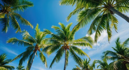 Obraz premium Tropical Palm Trees Against Clear Blue Sky Creating a Serene Paradise Atmosphere for Relaxation and Vacation Imagery