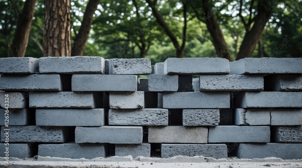 Poster stacked gray bricks with cement separation against a backdrop of green treetops in a serene outdoor 