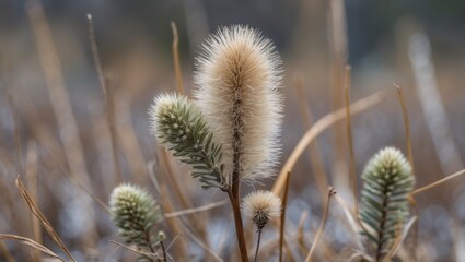 Obraz premium Fluffy botanical clusters of fringe brush bugle plants in a natural setting showcasing soft textures and earthy tones in the foreground.