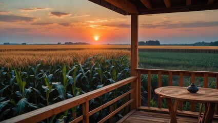 Fototapeta premium Sunset Over Cornfield From Wooden Balcony Perfect For Relaxation With Ample Space For Text Or Branding