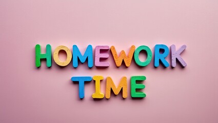 Colorful foam letters spelling 'Homework Time' against a soft pastel pink background, creating a playful and inviting atmosphere