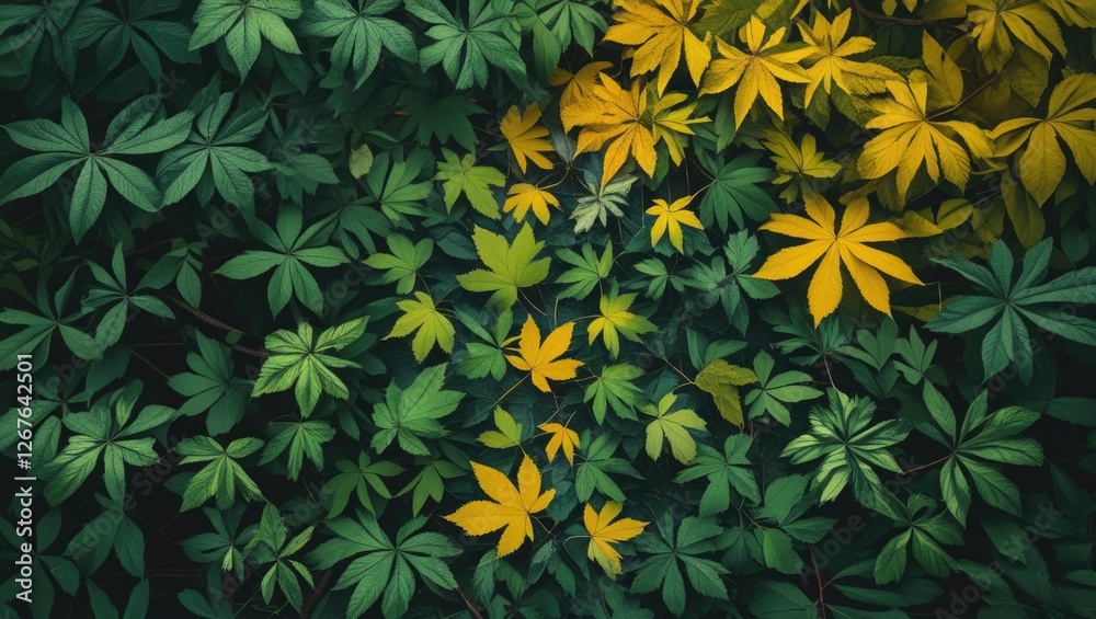 Poster vibrant green and yellow leaves creating a beautiful natural pattern in a serene forest setting show