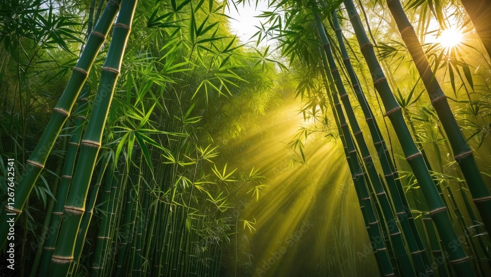 Fototapete sunlit bamboo forest with rays of light creating a tranquil and serene atmosphere ideal for nature a
