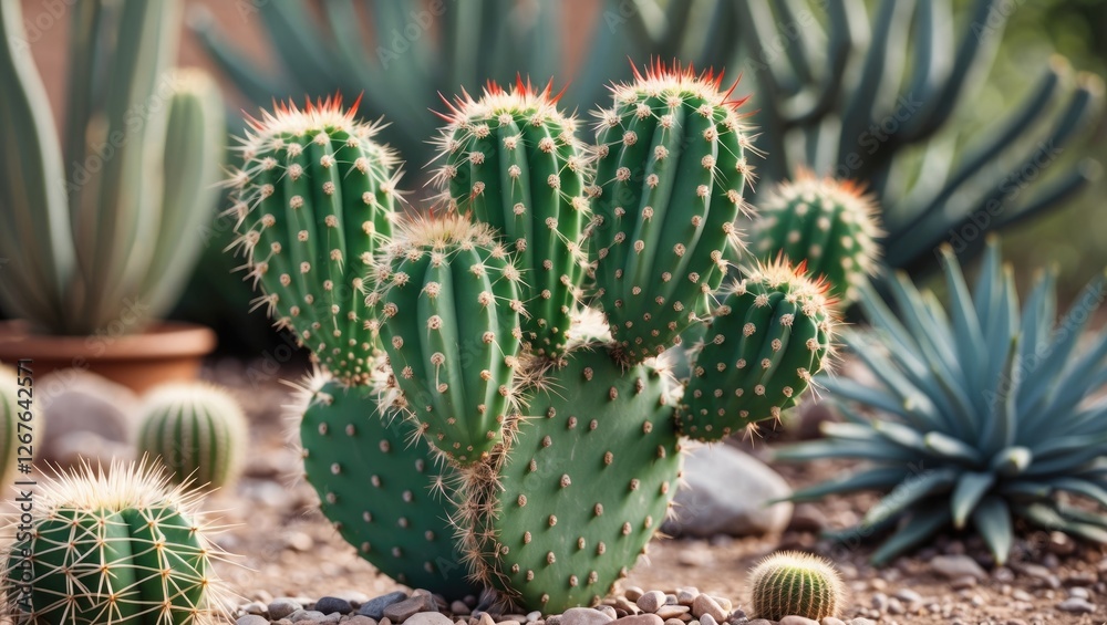 Aufkleber vibrant green cactus with sharp thorns surrounded by various succulents in a serene desert garden se