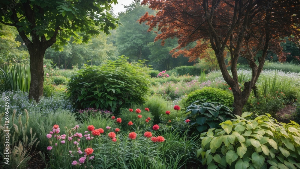 Aufkleber lush garden scene with vibrant flowers and greenery featuring empty space for text ideal for adverti