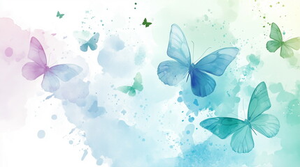 A dreamy watercolor illustration of delicate butterflies in warm pastel tones like peach, blush pink, soft gold, and lavender. Featuring translucent wings, fluid brushstrokes. Background and wallpaper